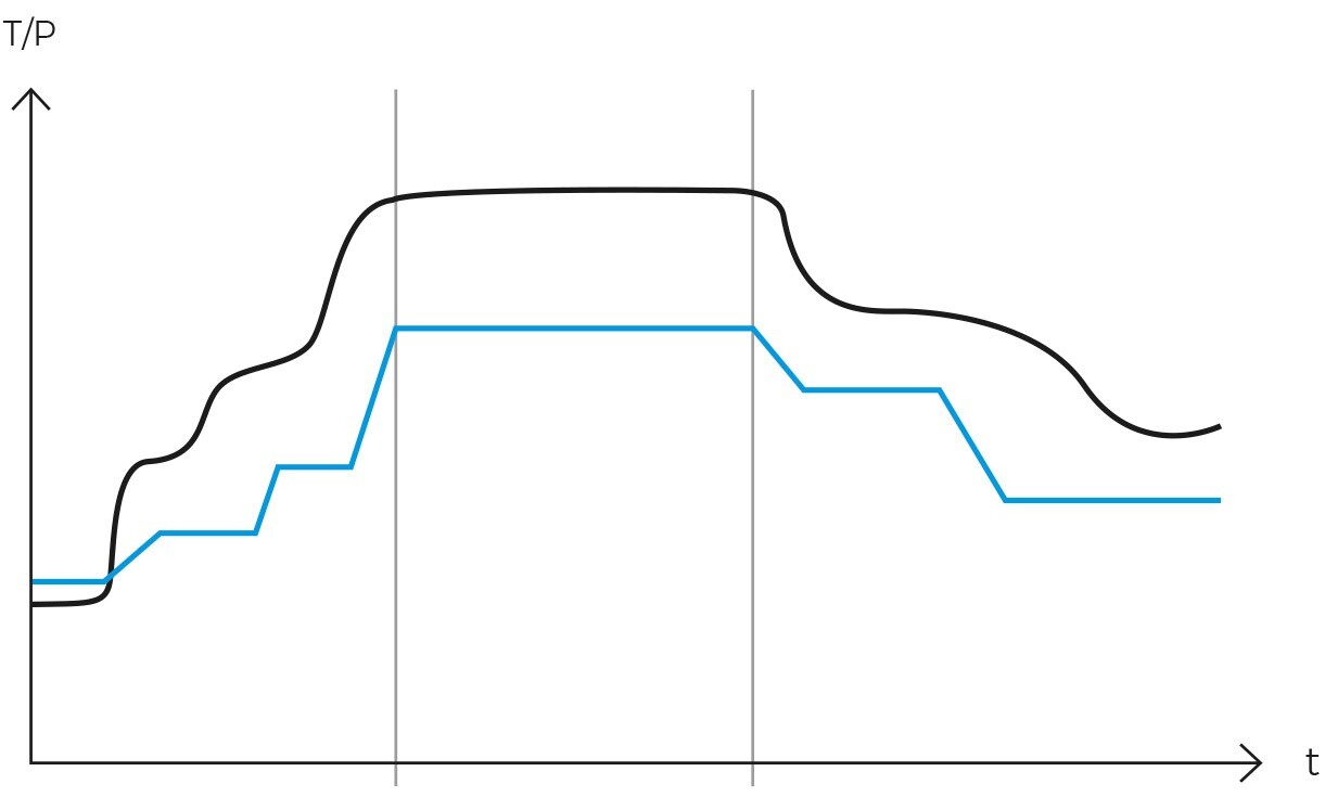 Grafik des Sterilisationszyklus mit Rampen im Autoklav