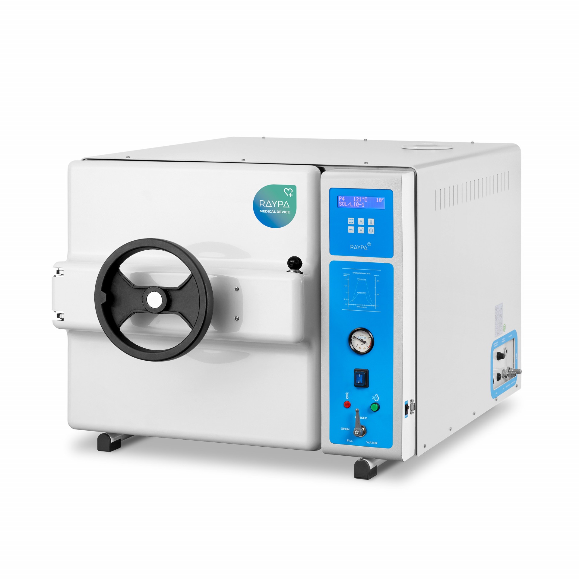 Front view of RAYPA's AHS-N-MD front-loading benchtop medical autoclave without drying%