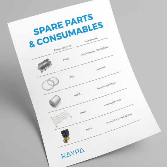 Conjunto de peças suplentes e componentes essenciais para o preparador de meios AE-M da RAYPA.